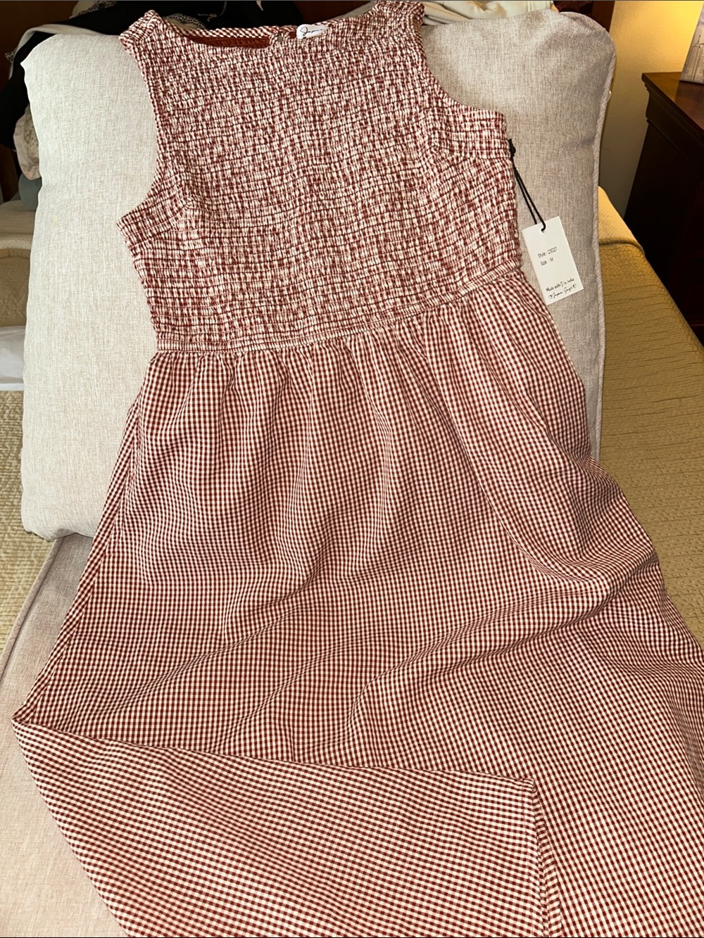 Japna Rust Red Gingham Smocked Cotton Dress